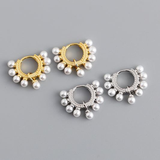 Orecchini a bottone oro/argento con cerchio di perle