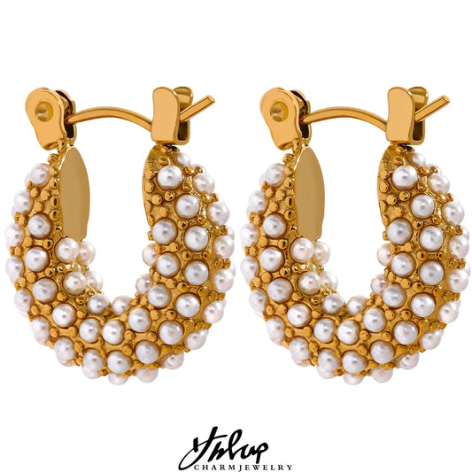 Yhpup Stainless Steel Luxury Small Hoop Earrings Vintage Delicate Imitation Pearls Texture Gold Color Waterproof Fashion Jewelry