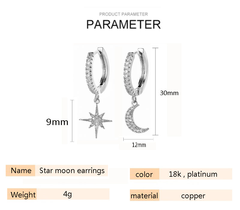 Orecchini intarsiati asimmetrici con ciondolo Luna/Stella